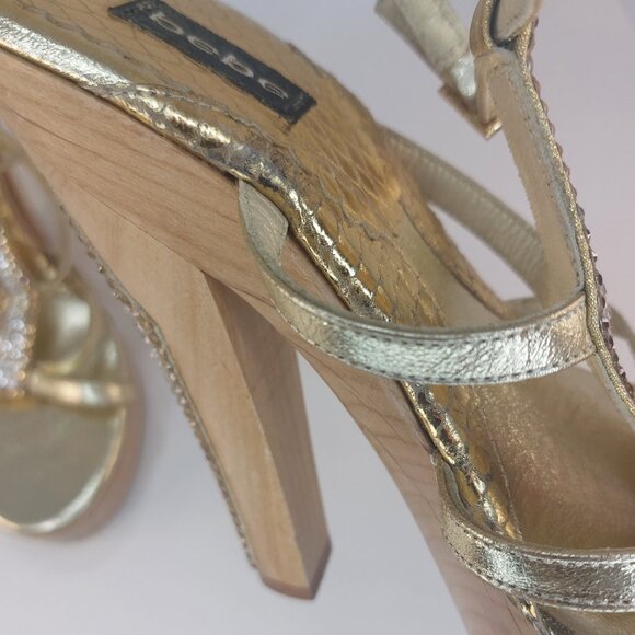 bebe Gold Strappy Rhinestone Platform Heels Size US 6 - Picture 11 of 16